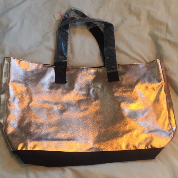 NWT PINK Victoria Secret metallic bag gold blck - Picture 4 of 8